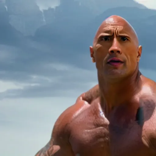 Image similar to real life photo of dwayne the rock johnson in front of a mountain