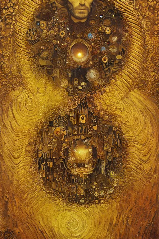 Prompt: The Helliquary by Karol Bak, Jean Deville, Gustav Klimt, and Vincent Van Gogh, lockbox, otherworldly, locks, vault, chains, fractal structures, arcane, inferno, inscribed runes, reliquary, infernal relics, ornate gilded medieval icon, third eye, spirals