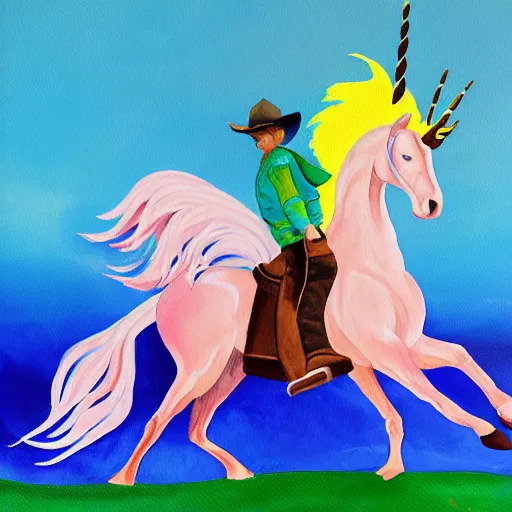 Image similar to a painting of a cowboy riding a unicorn.