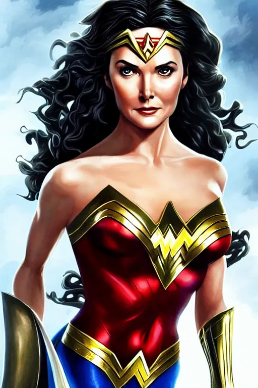 Prompt: Portrait of Lynda Carter as Wonder woman, DC, justice league, cinematic lighting, intricate, elegant, highly detailed, digital painting, artstation, painted by Artgerm and Mark Waid and Greg Rutkowski and Mandy Jurgens and Snyder