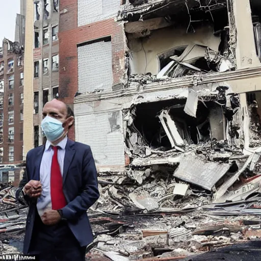 Image similar to man wearing a suit and a goose mask looking at an explosion in new york, ruined buildings, rubble, fire from hands