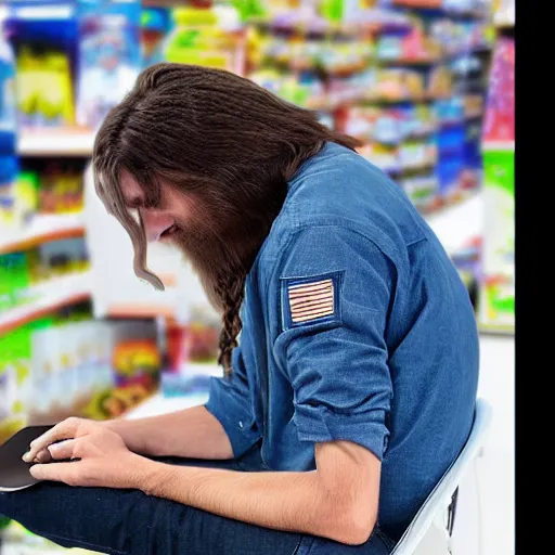 Image similar to “ extremely depressed long haired walmart employee watching kangaroo jack on his ipad, photorealism, walmart ”