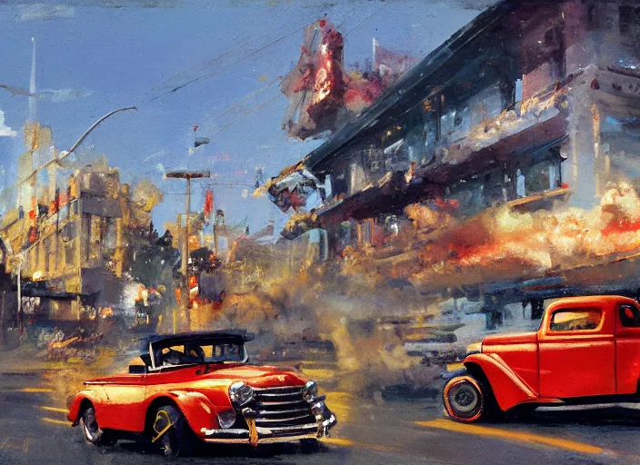 Prompt: hotrods driving down a street , vintage, high detail, golden hour, 8K, by John Berkey