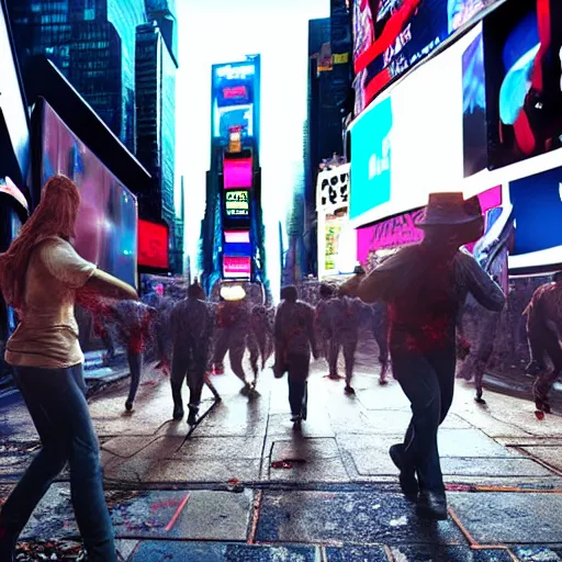 Image similar to Zombies walking in Times Square, realistic artstyle, wide shot, dramatic lighting, octane render, hyperrealistic, high quality, highly detailed, HD, beautiful, cinematic, 8k, unreal engine, facial accuracy, symmetrical