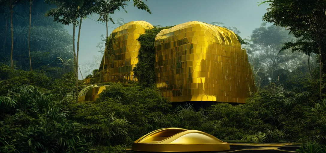 Prompt: futuristic shinny golden building in an jungle landscape of a biopunk city by taras shevchenko, movie poster, golden ratio, evening lighting, film still, realistic, octane render redshift arnold materials unreal engine, 8 k post production, hyper detailed