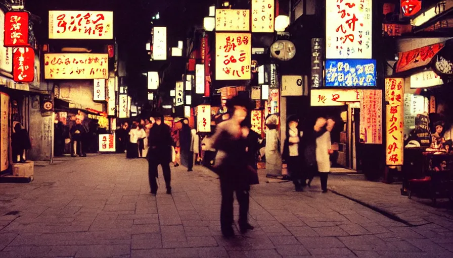 Image similar to impactful photography by haruto hoshi and yang seung woo and saul leiter, flash photography of night life in kabuki cho japan, full color, shot on kodak gold with a canon 3 5 mm lens aperture f / 8, hyperrealistic