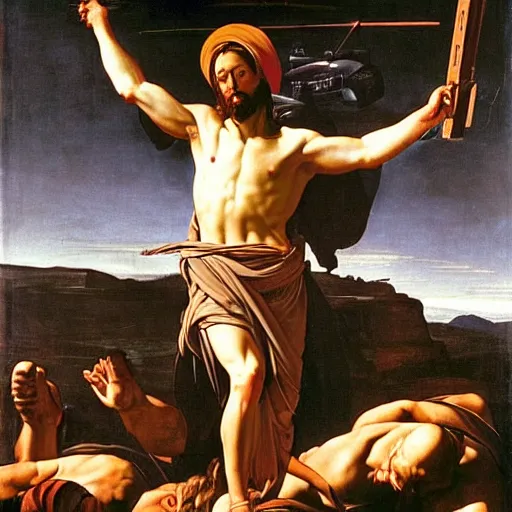 Image similar to Jesus Christ as Rambo hanging from a helicopter and shooting a gun ,Caravaggio