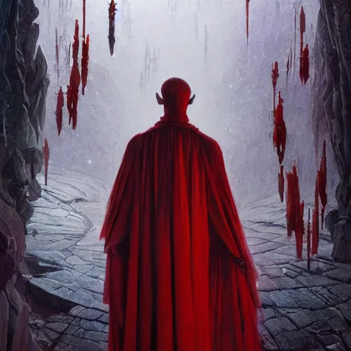 Prompt: fantasy painting with a wizard in red robes in a surreal environment by greg rutkowski and michael whelan w 1 0 2 4