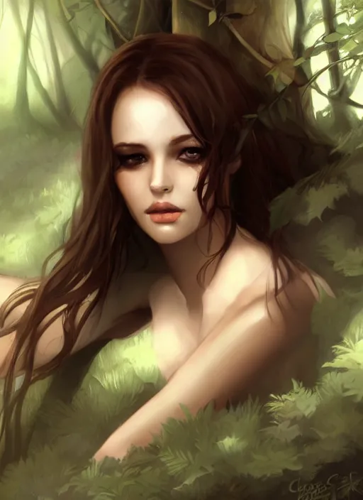 Prompt: sexy girl lying in dark forest, extremely detailed face, art by charlie bowater
