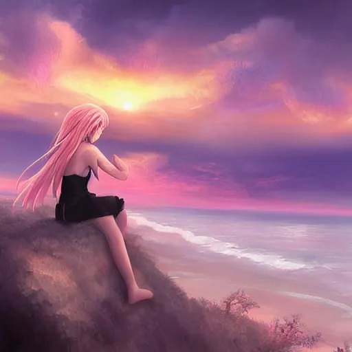 Image similar to anime girl with pink hair watching sunset, by lise deharme,