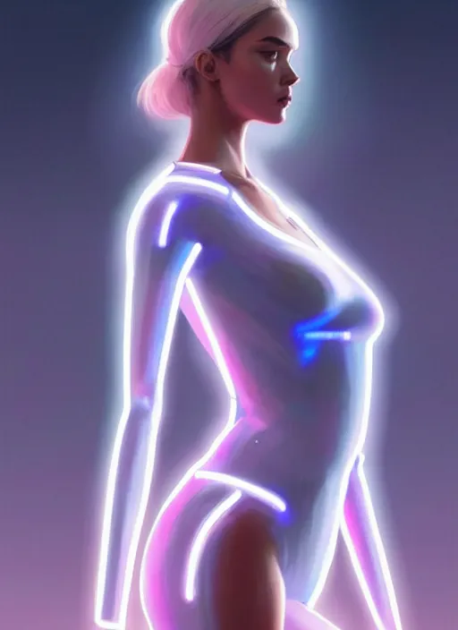 Image similar to portrait of modern female humanoid, transparent body hugging clothes, very futuristic, elegant, cyber neon lights, highly detailed, digital photography, trending in artstation, trending in pinterest, glamor pose, concept art, smooth, sharp focus, art by artgerm and greg rutkowski