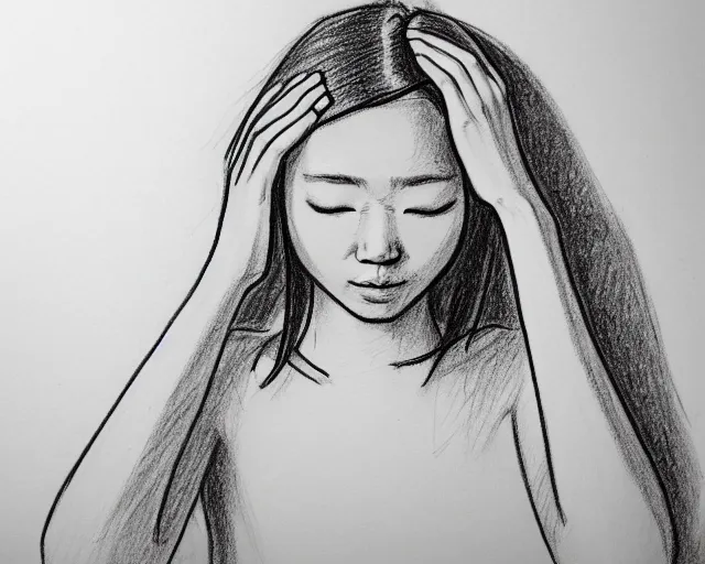 Image similar to draft drawing of a woman covering her face with her hands, a sketch by choro choi, thin stroke, trending on artstation, context art, pencil sketch, high detail, kinetic