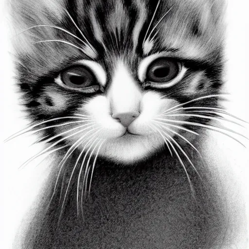 Prompt: black and white drawing of a baby kitten, floating head, white background