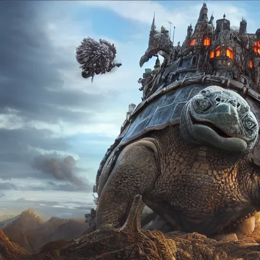 Image similar to large fantasy castle rising from the top of a giant tortoise, towering over a harsh barren wasteland, howls moving castle, mortal engines, kaiju, distant - mid - shot, fantasy, hyper detailed, 4 k