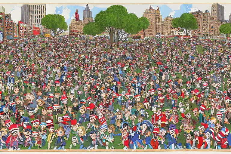 Prompt: an elaborate penned child illustration of a convention of waldo's in new york city and central park, where's wally, where's waldo, by martin hand ford and by jan van haasteren