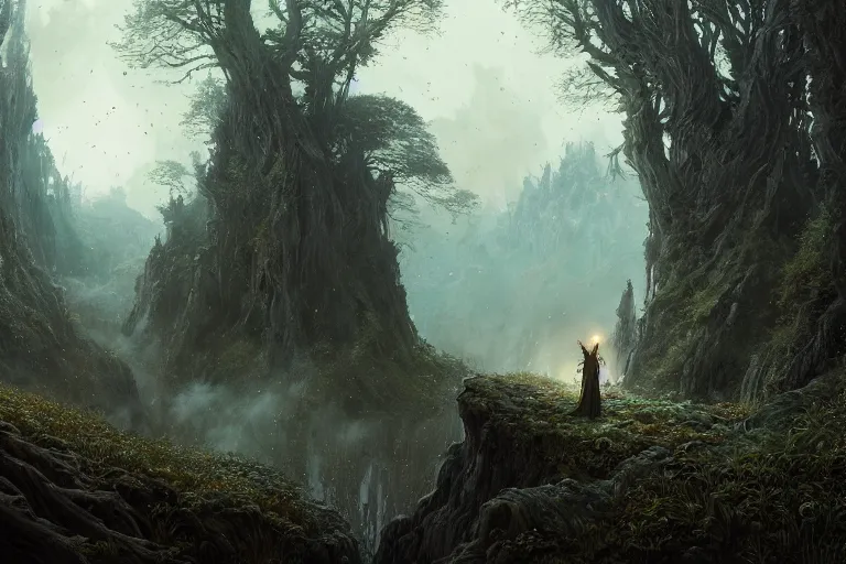 Image similar to detailed intricate digital illustration by greg rutkowski and david friedrich and ruan jia and fenghua zhong and steven belledi ; gothic fantasy valley and forest faerie fey unseelie in background ; 1 3 mm film, arri alfa anamorphic lens ; sharp focus, eventide, fireflies ; trending on artstation 8 k