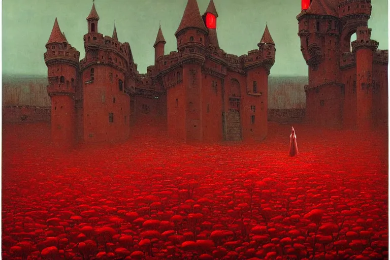 Image similar to only with red, red eyes, a red tiger, a castle in the background, medieval demons dance over the flowers, an ancient path, in the style of beksinski, part by hopper, part by rodcenko, part by hofbauer, intricate composition, red by caravaggio, insanely quality, highly detailed, masterpiece, red light, artstation