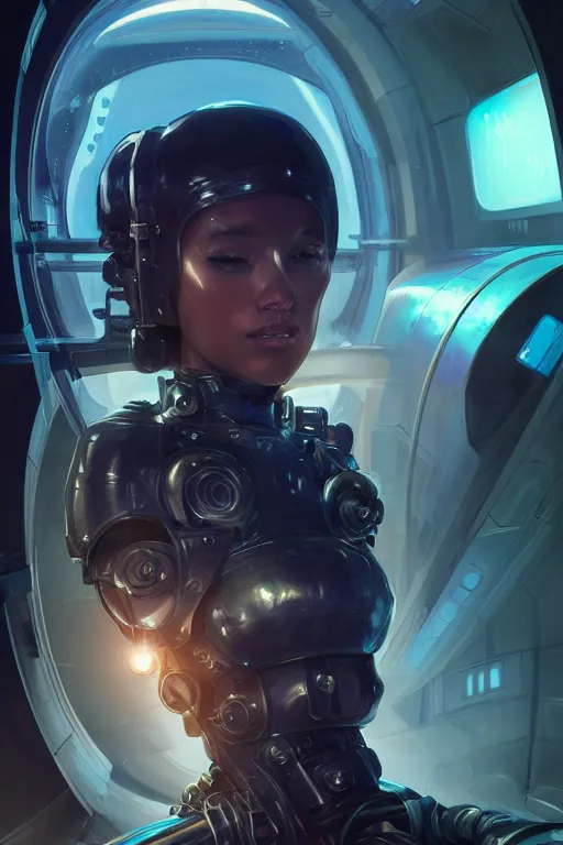 Prompt: portrait futuristic beautiful armored navy Girl, at inside of afuture submarine, ssci-fi, fantasy, intricate, very very beautiful, elegant, human anatomy, neon light, highly detailed, digital painting, artstation, concept art, soft light, hdri, smooth, sharp focus, illustration, art by tian zi and craig mullins and WLOP and alphonse mucha