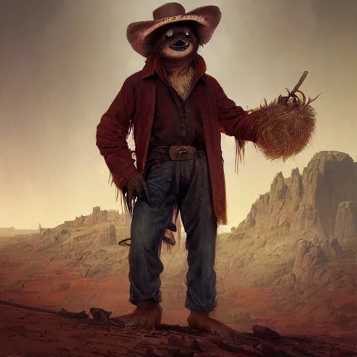 Image similar to detailed concept art of a sloth dressed as an old west prospector, artstation, award - winning realistic concept art by jim burns and greg rutkowski, beksinski, a concept art masterpiece, red color palette, james gilleard, bruegel, alphonse mucha, and yoshitaka amano.