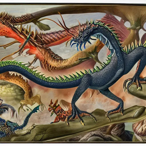 Image similar to scientific illistration of a species of dragon showing an examples of a males and female of each the species, biological illustrations, art by john james audubon robert stebbins and terryl whitlatch and david sibley and charles darwin, highly detailed, intricately detailed, 8 k, trending on artstation