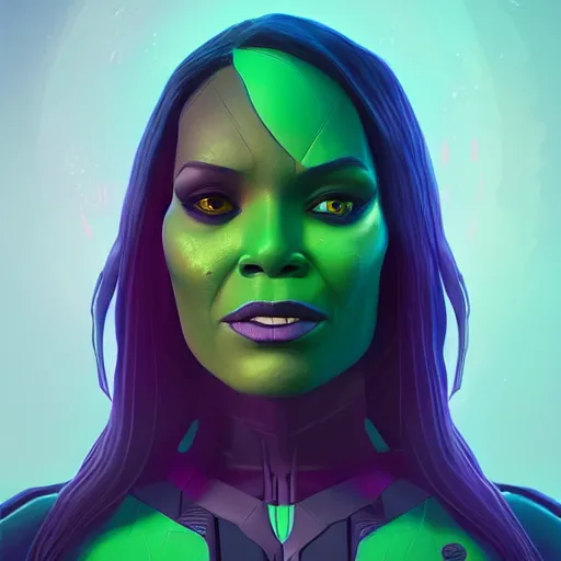 Prompt: gamora (Guardians of the Galaxy) by beeple, Pi-Slices and Kidmograph, beautiful digital illustration
