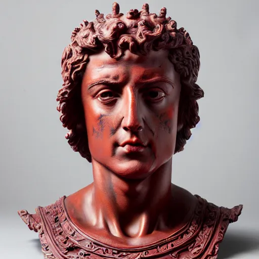 Prompt: museum young stallone portrait statue monument made from porcelain brush face hand painted with iron red dragons full - length very very detailed intricate symmetrical well proportioned