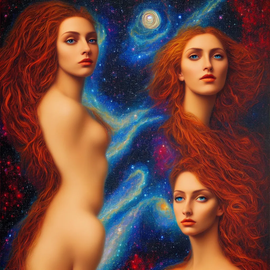 Prompt: the most beautiful woman in the universe, masterpiece oil painting, deviant art, 8 k, extremely complex, intricate, bold,