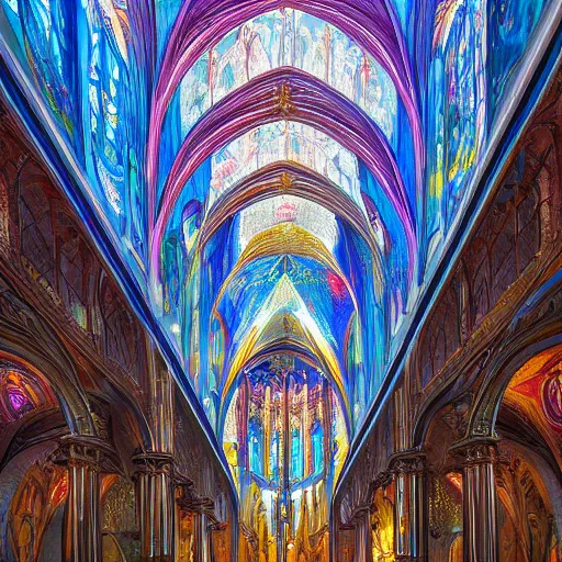 Prompt: A holy upside down cathedral half filled with water, astonishing reflections of beautiful roof murals on the water, light rays coming through the coloured glass windows, extremely high detail, award winning