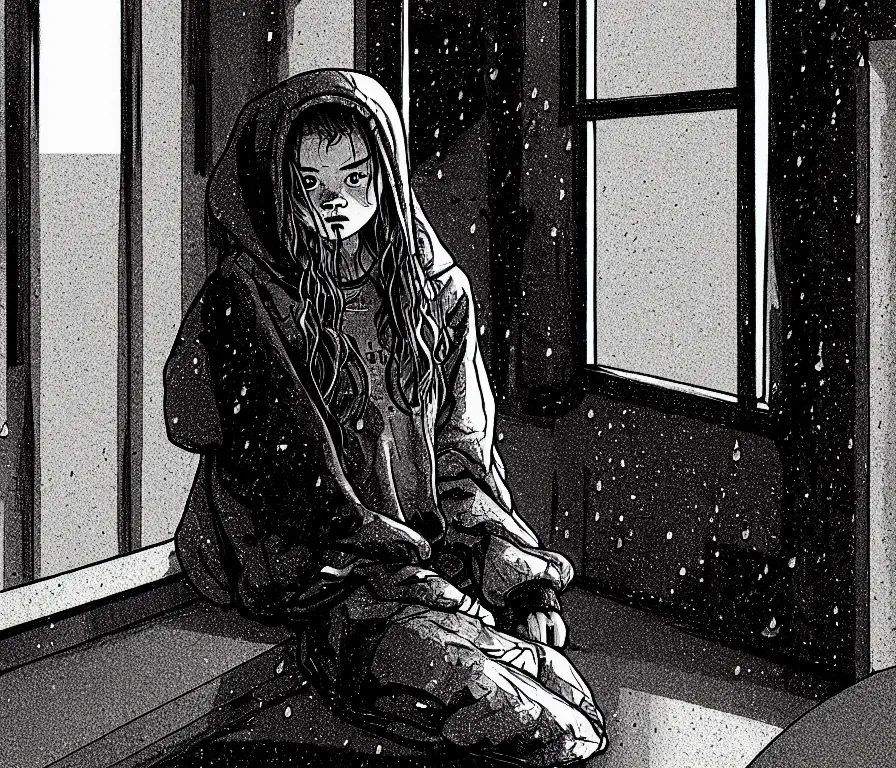 Image similar to sadie sink in hoodie sits on windowsill, knees tucked in | rain falls at night : storyboard, scifi cyberpunk. by joe alves, chris bonura. cinematic atmosphere, detailed and intricate, perfect anatomy