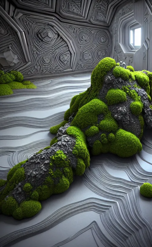 Image similar to highly detailed ultra sharp 3 d render villa interior cinematic composition of a smooth ceramic porcelain biomorphic magnolia stone nebula fluid fractal sci - fi surreal architecture landscape, granite, metallic, magnesium, marble, moss and lichen, vincent callebaut composition, mamou - mani, archviz, beautiful lighting, 8 k, unreal engine, hdr,