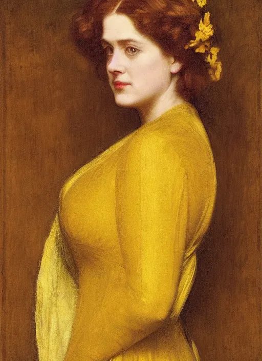 Image similar to portrait of jemma channing, wearing yellow ochre, preraphaelite colour photography by frederic leighton, 8 k