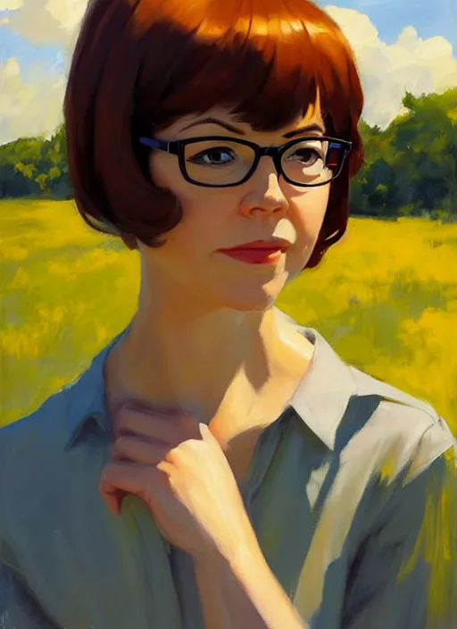 Prompt: Greg Manchess painting of grown-up Velma Dinkley, winged eyelashes, countryside, calm, fantasy character portrait, dark outlines, dynamic pose, above view, sunny day, artwork by Makoto Shinkai, very coherent asymmetrical artwork, sharp edges, perfect face, simple form, 100mm