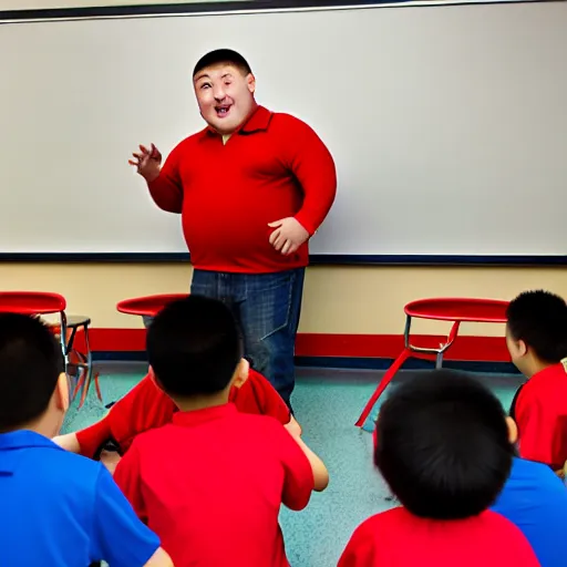 Image similar to fat kazakh guy in a red baseball cap teaching kids in school