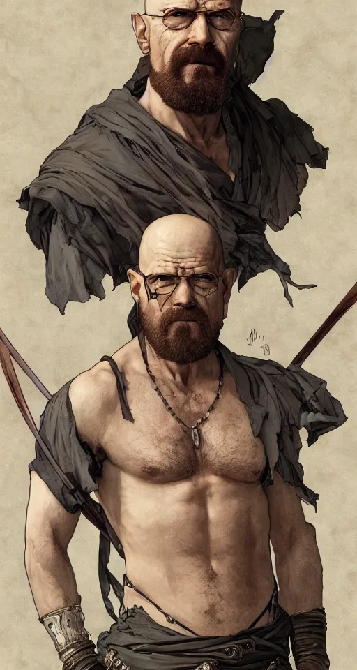 Image similar to Heisenberg as Kratos, highly detailed, digital painting, artstation, concept art, smooth, sharp focus, illustration, ArtStation, art by artgerm and greg rutkowski and alphonse mucha and J. C. Leyendecker and Edmund Blair Leighton and Katsuhiro Otomo and Geof Darrow and Phil hale and Ashley wood and Ilya repin and Charlie Bowater