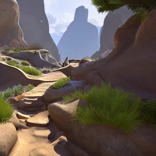 Image similar to pathway canyon in between mountains, unreal engine, high detail, realism, award winning, detailed lighting