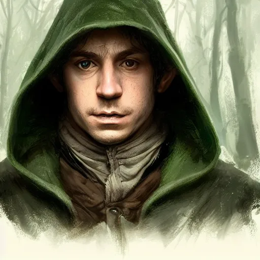 Image similar to a portrait of a handsome hobbit rogue wearing a dark green hood and a cloak in the forest, wearing adventure gear, ultra realistic, detailed, masterpiece, short hair cut, clean shaven, by Greg Rutkowski, trending on ArtStation