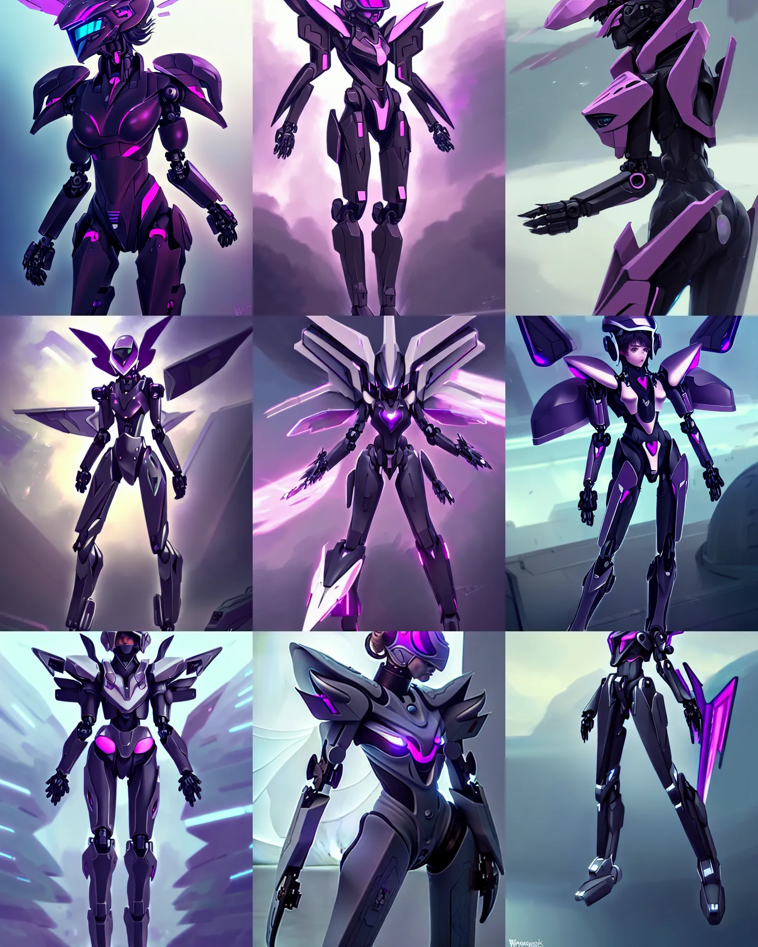 Prompt: uncropped stealthy Feminine mecha (with futuristic jet armor and wings) with a heart visor helmet, symphogear, far shot, full body character portrait, hi-tech, trending on Artstation, black armor with purple accents, digital painting, concept art, sharp focus, illustration, art by WLOP and Greg Rutkowski