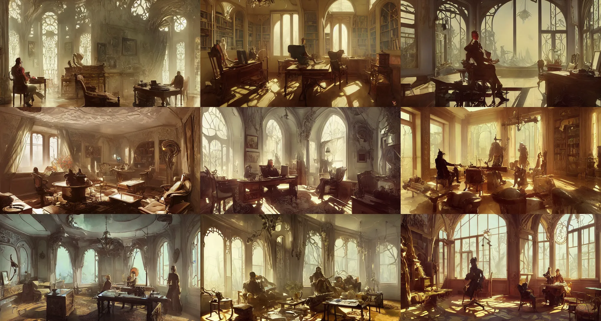 Prompt: home office interior, art nouveau architecture, fantasy, art by joseph leyendecker, ivan aivazovsky, ruan jia, reza afshar, marc simonetti