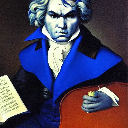 Prompt: a beethoven-koopa-hybrid with blue-hair and a sceptor baton for orchestrating his symphony by Raphael, Hopper, and Rene Magritte. detailed, romantic, enchanting, trending on artstation.