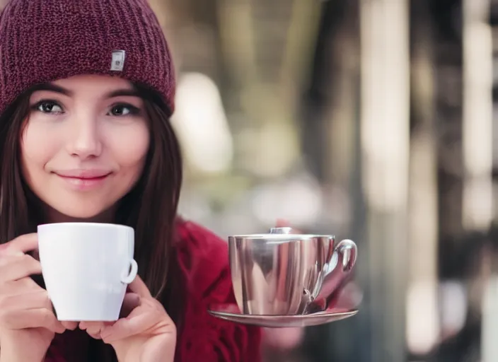 Image similar to Beautiful girl holding a cup of coffee, cinematic, very high quality, 8k