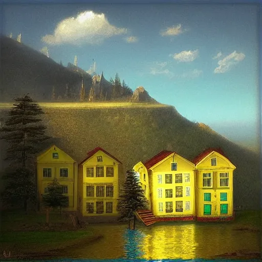 Prompt: yellow square houses on a mountain, digital art, trending on artstation, HDR, by Albert Bierstadt