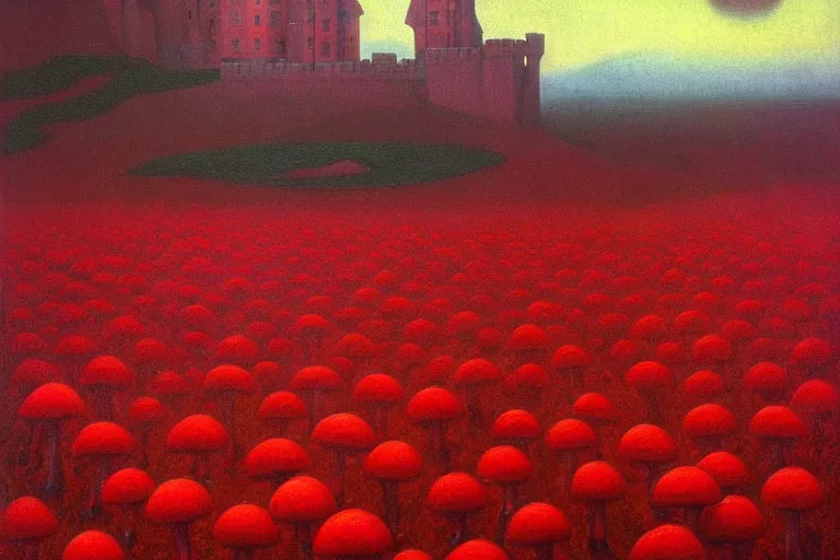 Prompt: only with red, red mushrooms of different types, a castle in the background, red giants rest over the flowers, in the style of beksinski, part by hopper, part by rodcenko, part by hofbauer, intricate composition, red by caravaggio, insanely quality, highly detailed, masterpiece, red light, artstation, 8 k