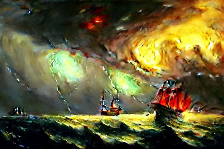 Image similar to A beautiful matte painting of huge spherical alien spaceship attacking with powerful red lasers a Sailship in ocean in thunderstorm by Greg Rutkowski and Ivan aivazovsky