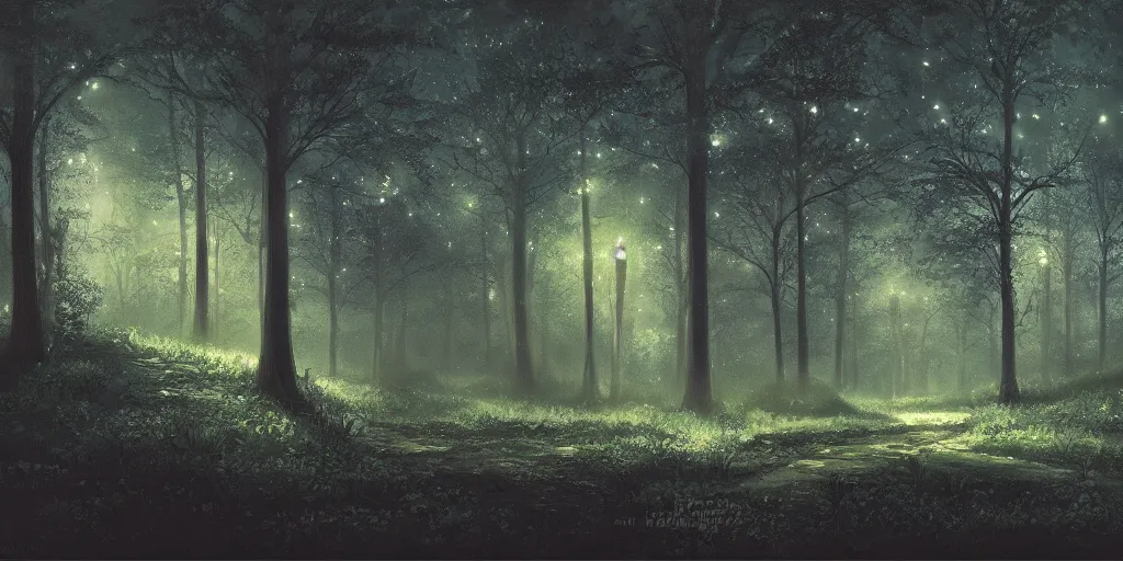 Image similar to a forest at night, cinematic angle, studio Ghibli, cinematic lighting, digital art, detailed oil painting, hyperrealistic, 8k