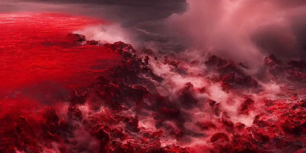 Image similar to a churning, boiling red sea with lots of smoky black and red steam, fantasy digital art, octane render, beautiful composition, trending on artstation, award-winning photograph, masterpiece