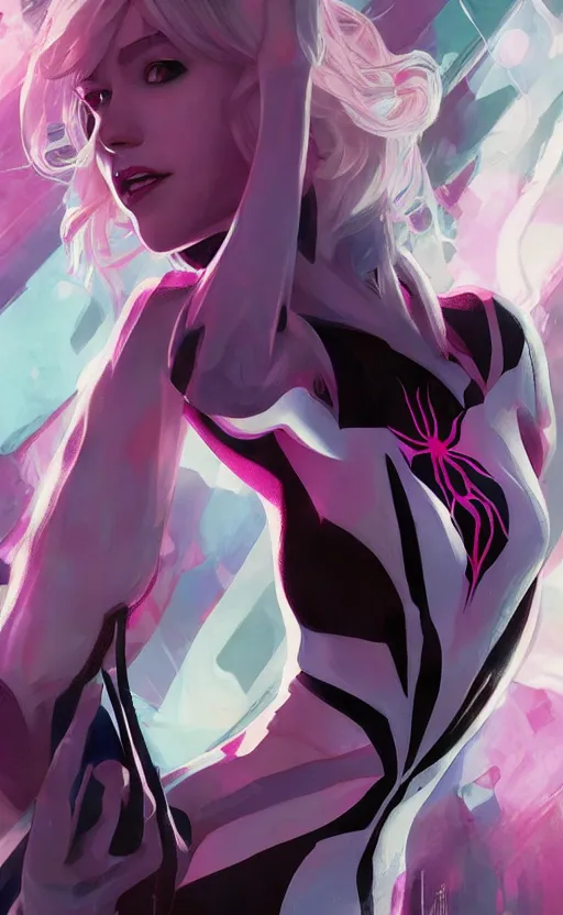 Prompt: Spider-Gwen, highly detailed, digital painting, artstation, facing camera, concept art, smooth, sharp focus, illustration, art by artgerm and alphonse mucha, high definition digital art, dramatic lighting, in the style of ilya kuvshinov and Ross tran