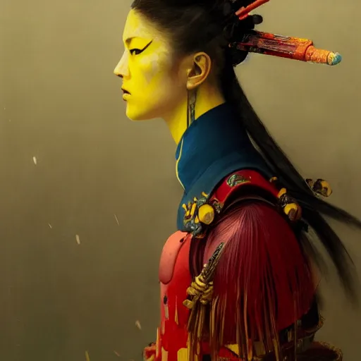 Prompt: portrait of a fighting, beautiful, arrogant, female samurai warrior, goth punk, vibrant yellow, red, blue, colors, surreal, a french baroque by by alexander mcqueen, art by greg rutkowski by john william waterhouse, oil on canvas, octane render