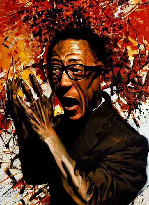 Image similar to gus fring screaming, explosion, exploding, painting by phil hale, francisco goya,'action lines '!!!, graphic style, visible brushstrokes, motion blur, blurry