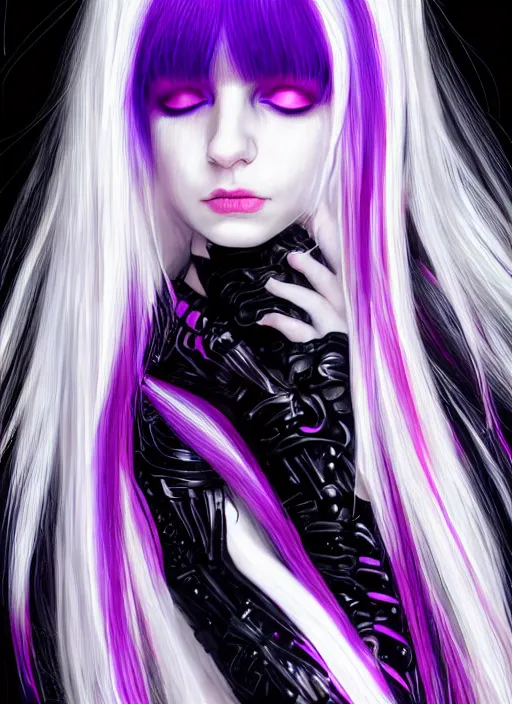 Image similar to hair whitebangs hair, black cyberlox, portrait of teenage girl with white bangs, whitebangsblackhair, messy bangs, cyberlox, whitebangs, red irises, purple clothes, intricate, elegant, glowing lights, highly detailed, digital painting, artstation, concept art, sharp focus, illustration, art by wlop, mars ravelo and greg rutkowski