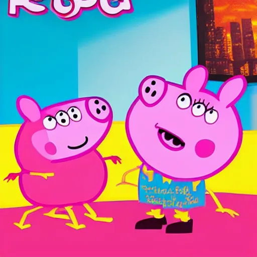 Prompt: poster art for a new movie called peppa the pig in the style of enter the void